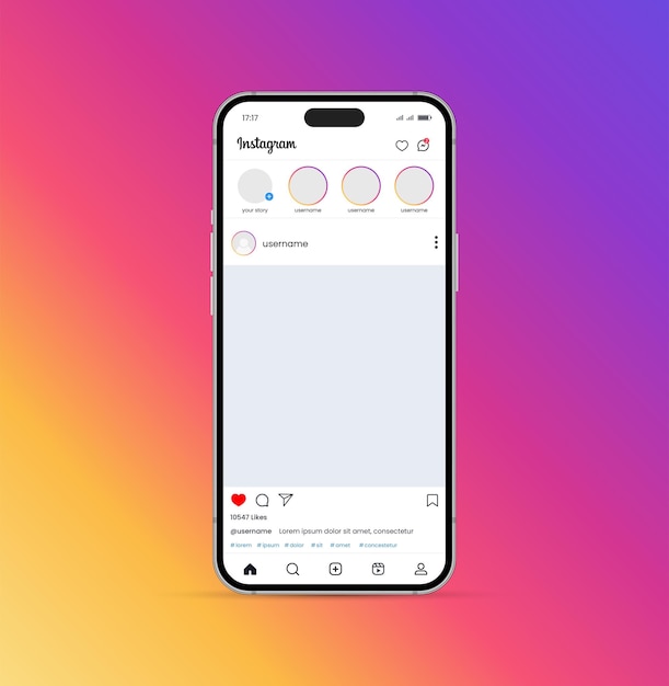 Vector instagram home page interface with smartphone vector post mockup