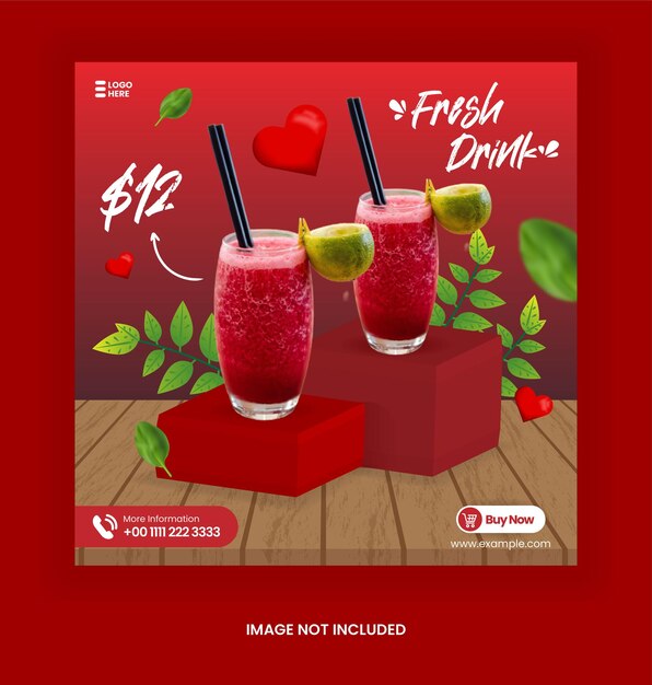 Instagram post fresh drink template for  social media post advertising banner with red 3d podium