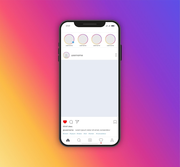 Instagram post vector mockup home page interface with smartphone