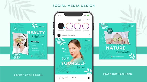 Instagram posts for Skin care and beauty salon with mobile screen and leaf shadow