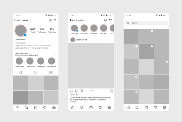 Vector instagram profile interface template design of mobile app.