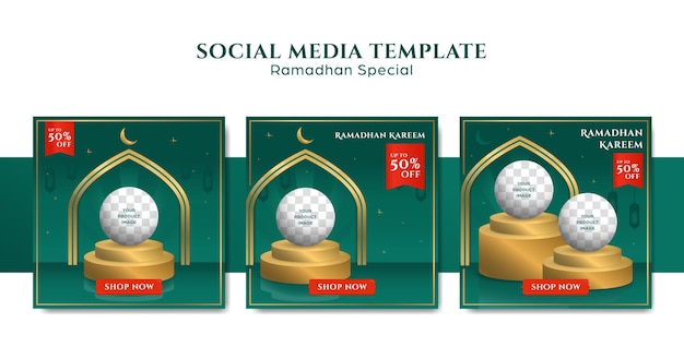 Instagram ramadhan post template set for promotion with podium product showcase