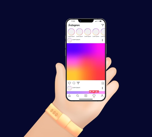 Instagram screen social media in the hand Social network interface template Instagram mockup Insta photo frame Stories liked stream Editorial vector