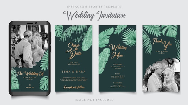 Instagram stories template for wedding invitation card tropical floral theme background on dark green paper