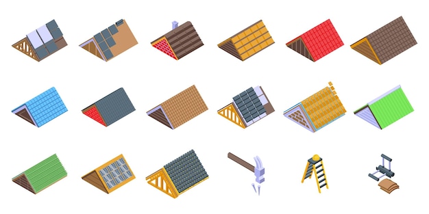 Vector install the roof icons set isometric vector safety builder