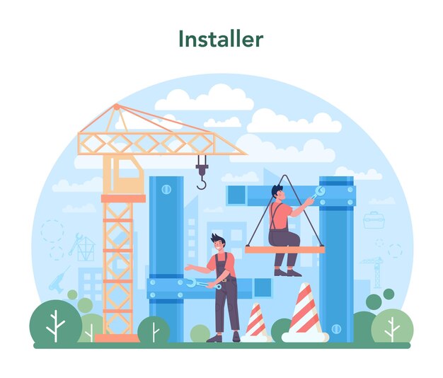 Vector installer concept worker in uniform installing constructions professional service repairman team construction service house renovation flat vector illustration