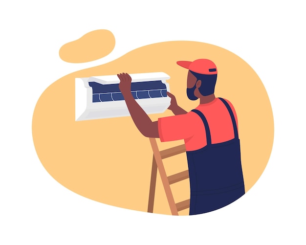 Installing air conditioner in apartment 2D isolated . Providing comfortable temperatures. Workman, technician flat character on cartoon . AC repair service