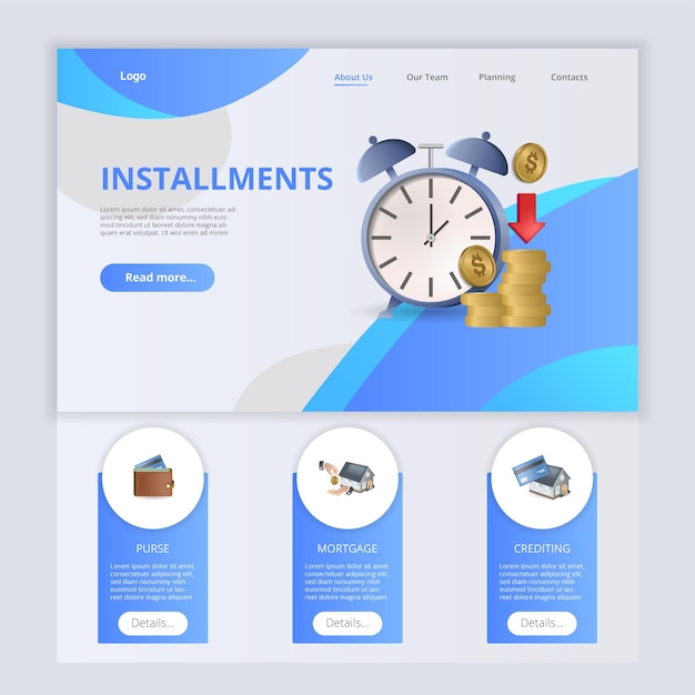 Installments flat landing page website template Purse mortgage crediting Web banner with header content and footer Vector illustration