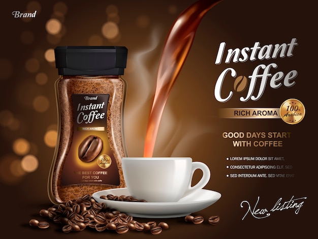 instant coffee ad, with coffee flow elements, bokeh background