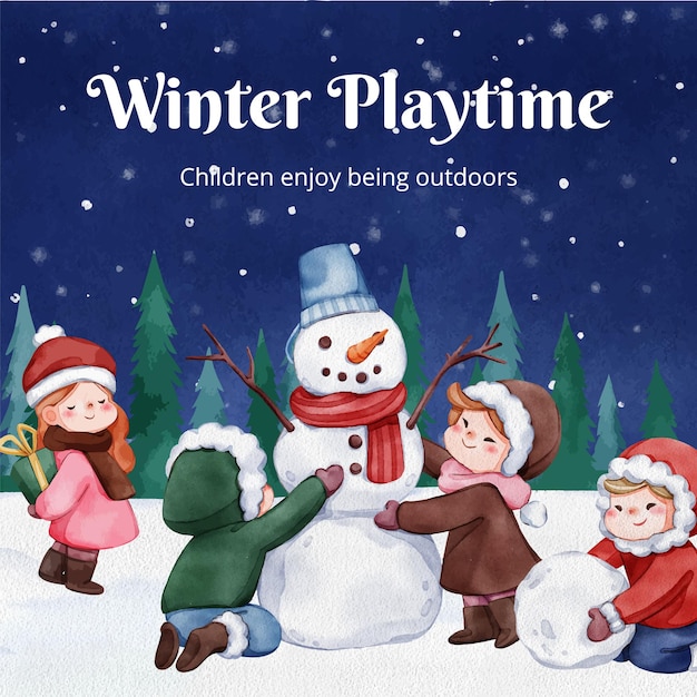 Instgram post template with children enjoy winter concept watercolor style