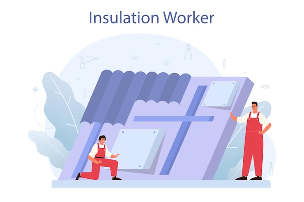 Insulation concept. Thermal or acoustic insulation. Construction industry, Worker putting insulation materials. Construction service, house renovation.