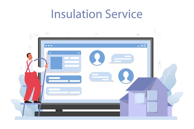 Insulation online service or platform. Thermal or acoustic insulation. Worker putting insulation materials. Website.