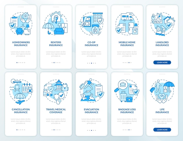 Insurance blue onboarding mobile app screen set Financial coverage walkthrough 5 steps graphic instructions pages with linear concepts UI UX GUI template Myriad ProBold Regular fonts used