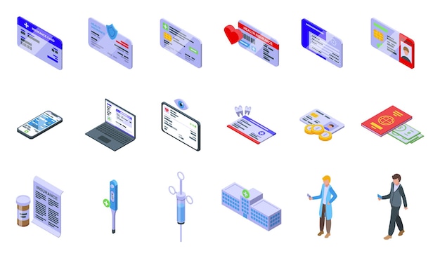 Insurance card icons set isometric vector Hospital health