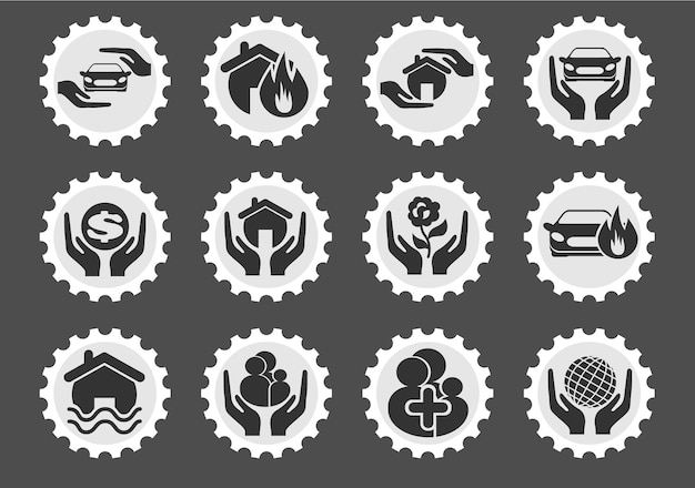 Insurance icons on stylized round postage stamps