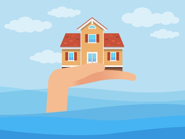 Insurance Protection of real estate from natural disasters Insure property against flooding Hand holding building above water Save house from cataclysm Vector risks prevention