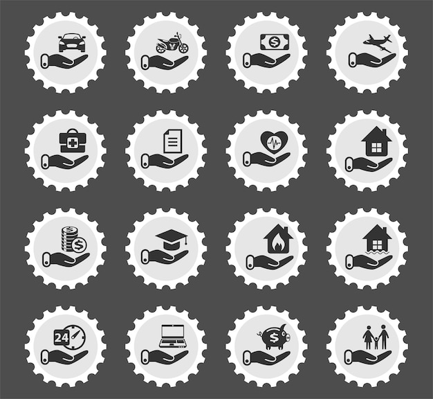 Insurance symbols on a round postage stamp stylized icons