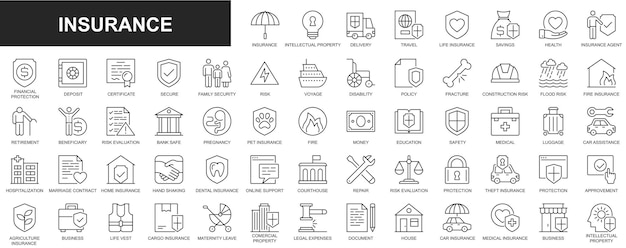 Insurance web icons set in thin line design Pack of intellectual property travel life savings health financial protection deposit certificate secure other Vector outline stroke pictograms