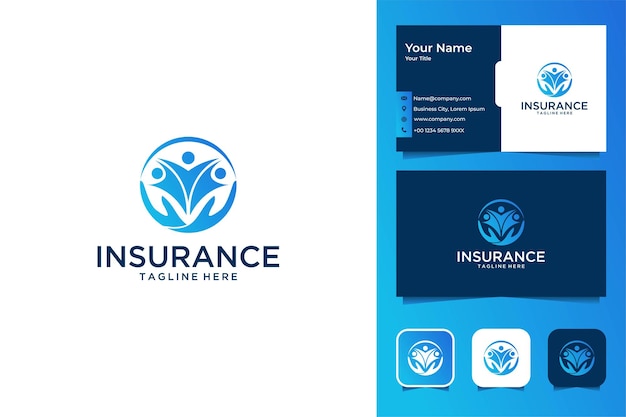 Insurance with people and hand logo design and business card