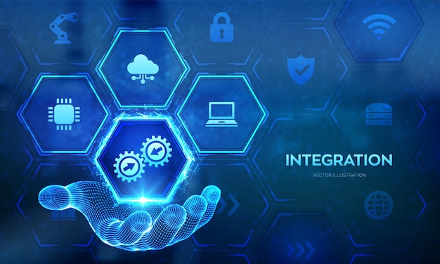 Integration data system System Integration technology concept in wireframe hand Industrial and smart technology Business and automation solutions Vector illustration