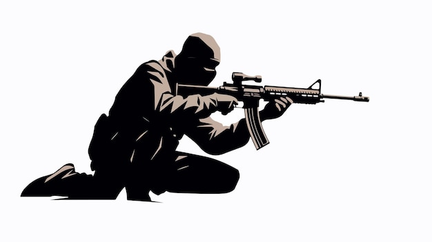 Intense Robber Holding Assault Rifle Silhouette on White Background