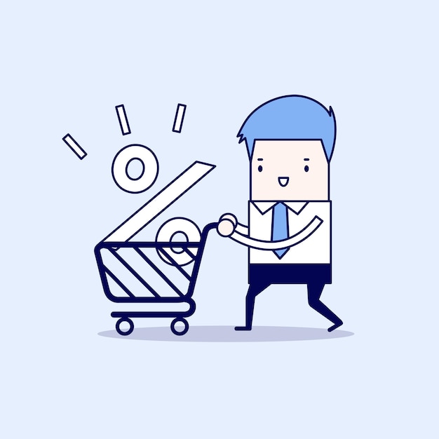 Interest Rate Shopping Businessman shopping for a good interest rate percentage Cartoon character thin line style vector