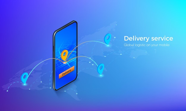 Interface of delivery service isometric . Mobile on global map with location pins and routes. gps or navigation on mobile app.  illustration