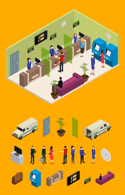 Interior Bank Office and Elements Part Isometric View Vector