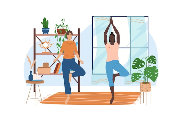 Interior blue concept with people scene in the flat cartoon design two friends do yoga exercises