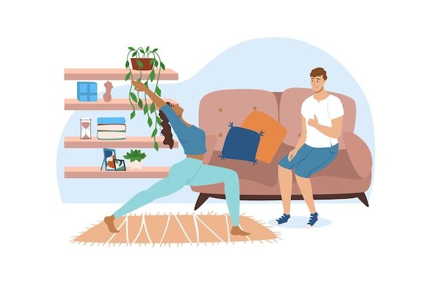 Interior blue concept with people scene in the flat cartoon style man explains to a woman