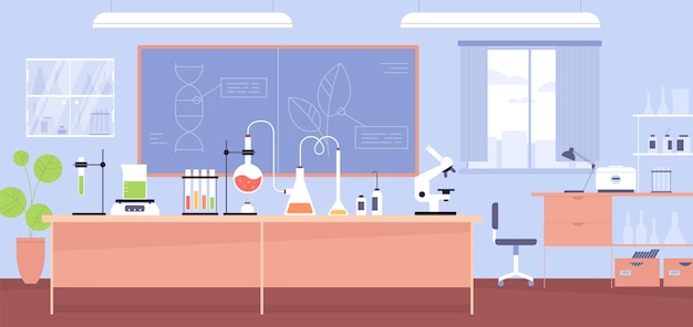 Interior of chemical laboratory with furniture, microscope, flasks and tubes. Experiment in chemistry classroom in school. Colored flat cartoon vector illustration of research room with equipment.