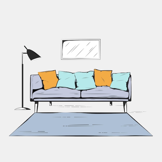 Interior colored, hand drawing,sofa with floor lamp