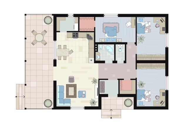 Interior design colored floor plan top view Architectural plan of a house with furniture Blueprint