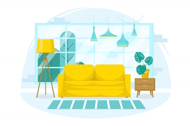 Interior design of a living room with furniture, a large window, a yellow sofa, a floor lamp with flowers and a stand on an isolated white background. Flat style. Pastel blue. illustration