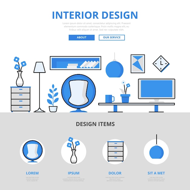 Interior design studio room indoor furniture concept flat line style.