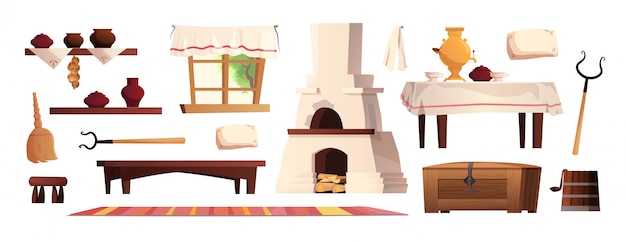 interior elements of the Russian hut. Ancient Russian stove,  pots, bench, rug, broom, grip, window with curtain, carpet.   cartoon illustration.