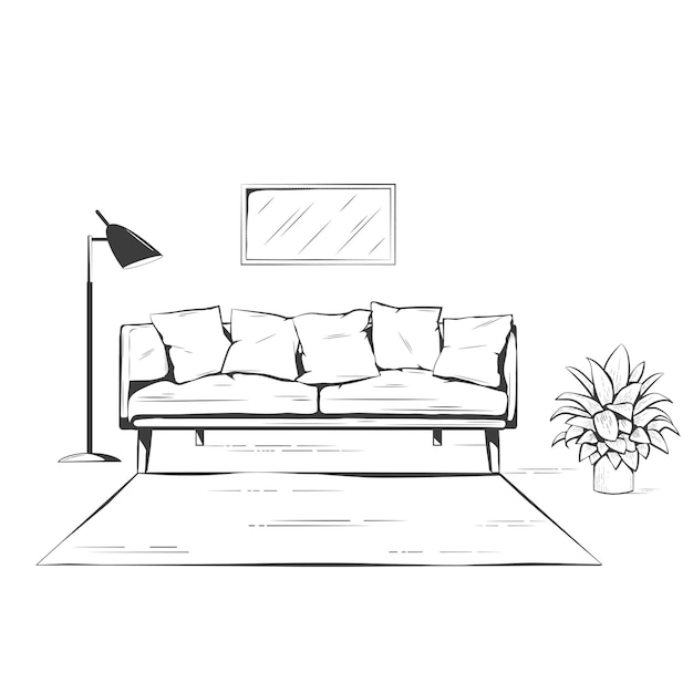 Interior hand drawing,  sofa with floor lamp and room plant