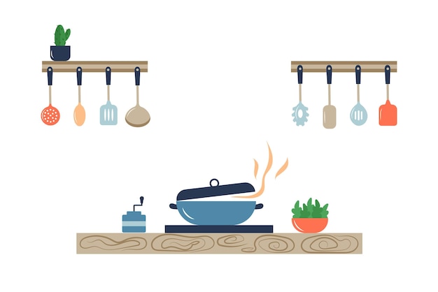 Interior of kitchen pans on the stove cooking vector illustration in flat style