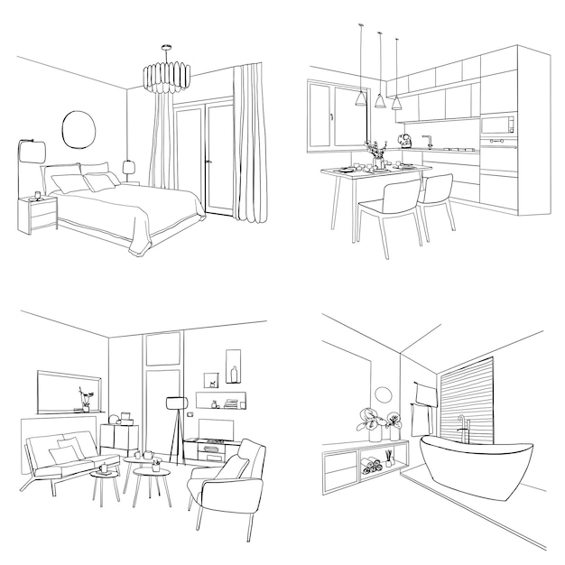 Interior living room bathroom kitchen bedroom sketch