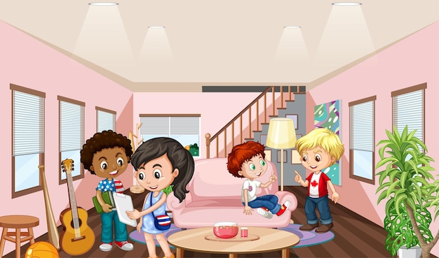 Interior of living room with children