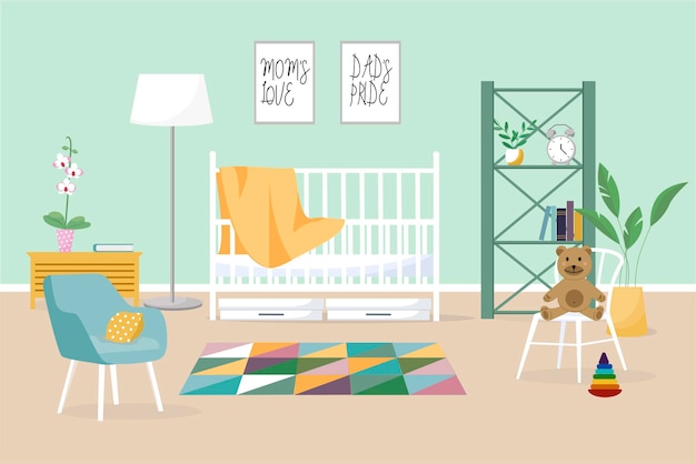 Vector interior of a modern childrens room design of a cozy room with a playpen toys and decor items