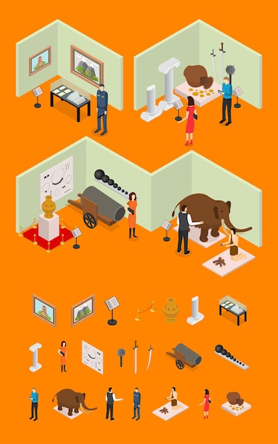 Interior Museum Exhibits Galleries and Elements Part Isometric View Vector