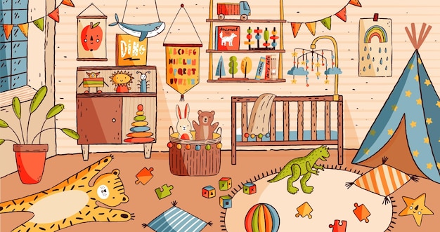 Vector interior of nursery or baby room full of furniture and home decorations - crib or cot bed, carpet, shelf, houseplant, flag garlands, children s toys scattered on carpet. cartoon vector illustration.