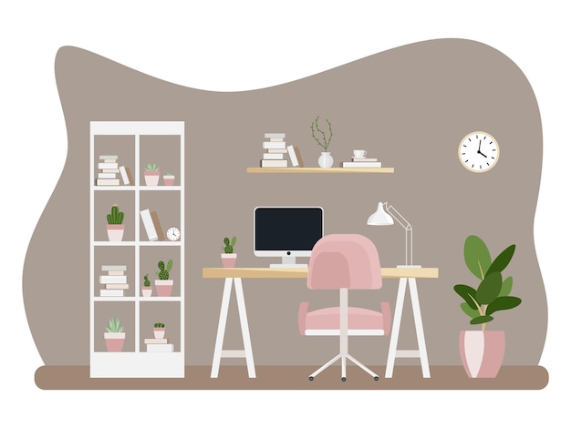 Interior of the office workplace with furniture. Flat cartoon style. Vector illustration