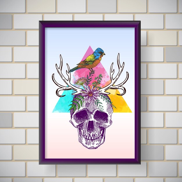 Interior poster skull with bird Hand drawn vector illustration Boho style