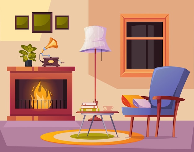 Interior room with fireplace cozy home cartoon concept graphic design illustration