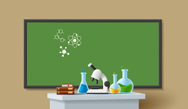 Interior of school chemical laboratory with table and board microscope flasks and tubes Experiment in chemistry classroom in school 3d illustration