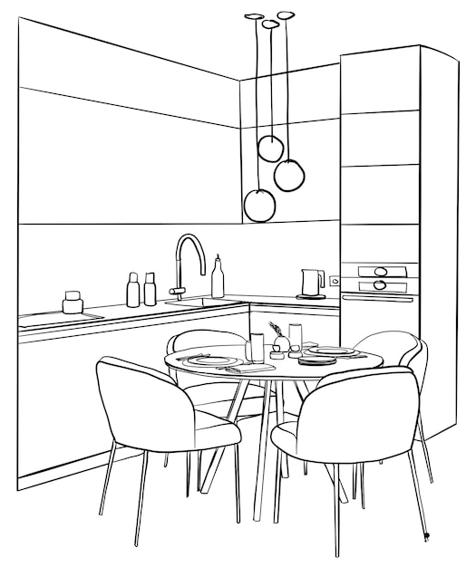 Interior sketch of modern kitchen