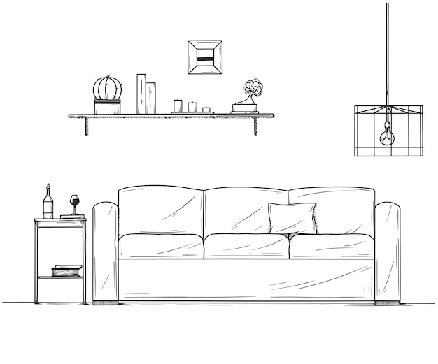 Interior in sketch style. Sofa, bedside table, lamp and shelf with plants. 