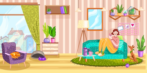 interior with girl sitting on the sofa, carpet, mirror, dog, cat, window and armchair.